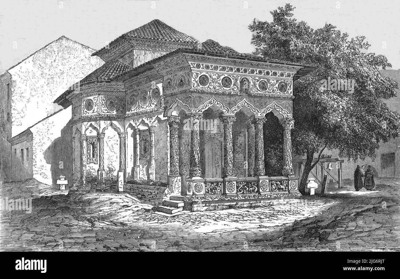 "Chiesa a Bucarest; visita ai Principati Danubiani", 1875. [Vista della Chiesa di Stavropoleos, parte di un monastero ortodosso orientale a Bucarest, Romania]. Edificio rumeno] da, 'Illustrated Travels' di H.W. Bates. [Cassell, Petter e Galpin, c1880, Londra] Foto Stock
