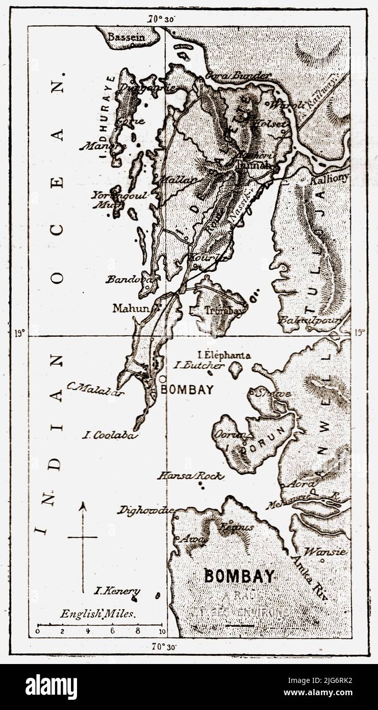 'cap of Bombay Area; Notes on Bombay and the Malabar Coast', 1875. [Mappa che mostra la costa occidentale dell'India, compresa Mumbai, (ex Bombay), l'isola di Elephanta]. Da, 'viaggi illustrati' di H.W. Bates. [Cassell, Petter, and Galpin, c1880, London] Belle Sauvage Works.London E.C. Foto Stock