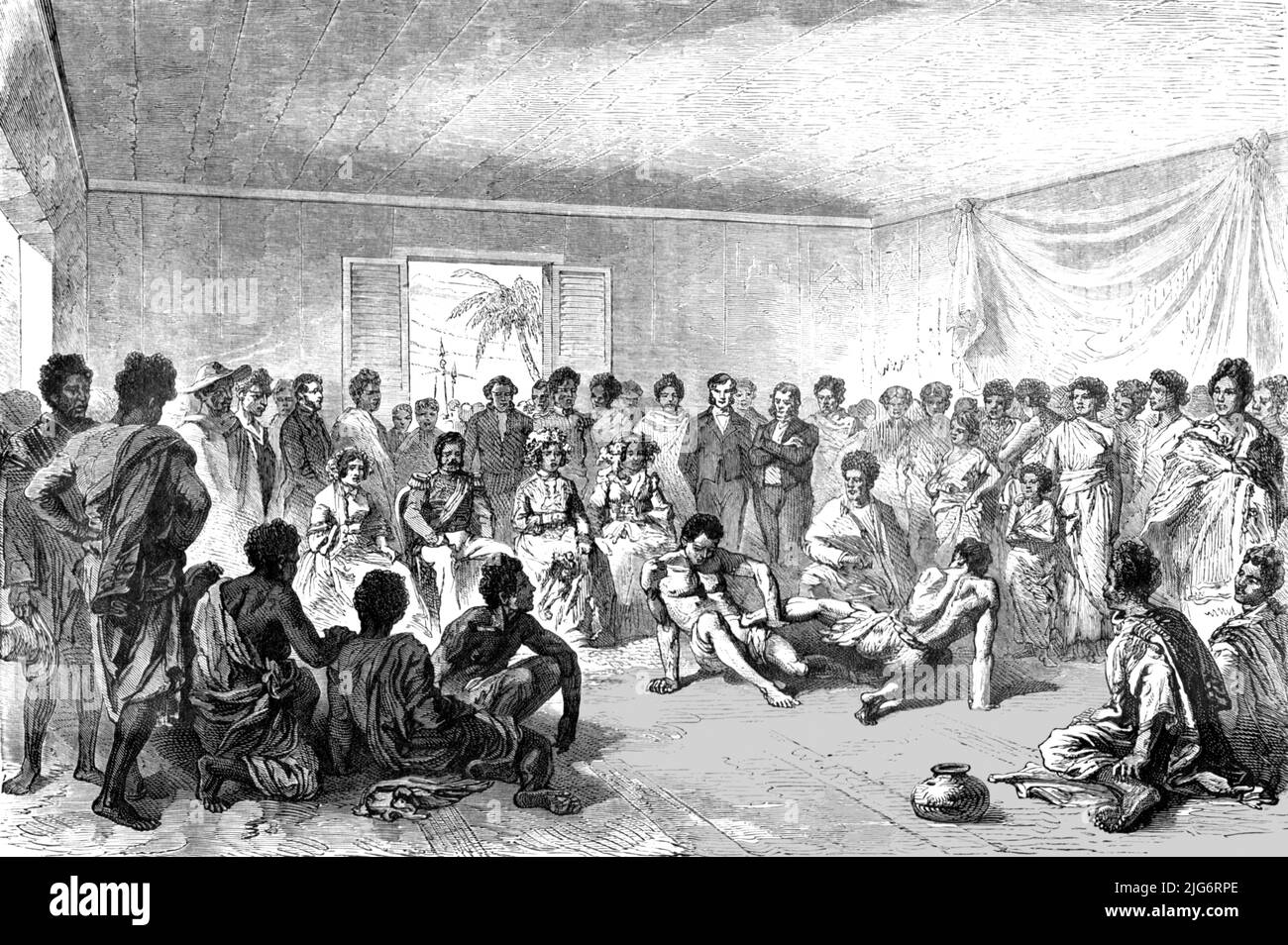 'Wrestling Match davanti alla Corte di Tananarivo; recenti esplorazioni in Madagascar', 1875. [Ospiti europei che guardano intrattenimento locale, Africa orientale]. Da, 'viaggi illustrati' di H.W. Bates. [Cassell, Petter, and Galpin, c1880, London] Belle Sauvage Works.London E.C. Foto Stock