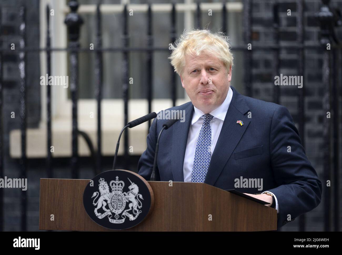 Il primo ministro britannico Boris Johnson ha pronunciato il suo discorso di dimissioni a Downing Street, il 7th luglio 2022. Foto Stock