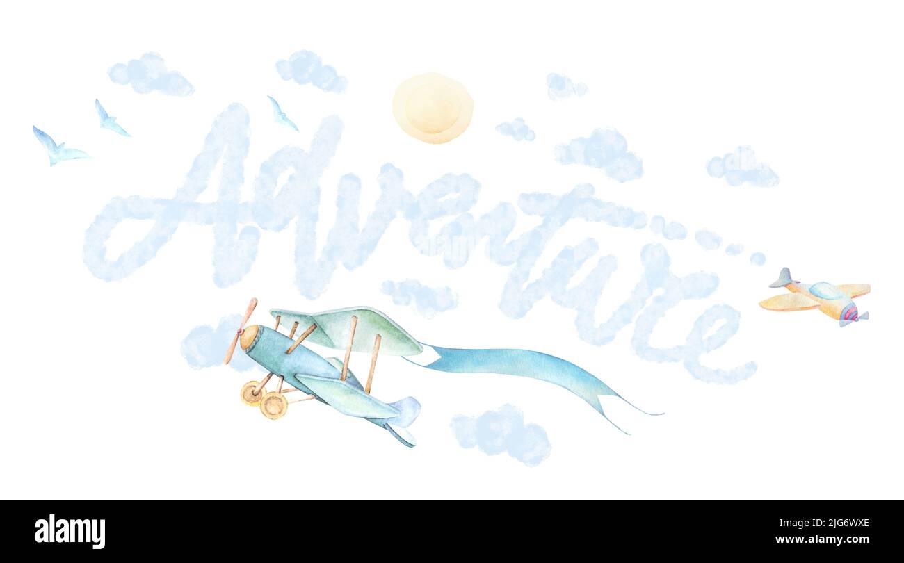 Adventure Time nursery muro art. Aeroplani volare in cielo. Sole, nuvole blu, palloncini, uccelli. Sfondo bianco. Bambino doccia ragazzo. Acquerello. Isolato Foto Stock