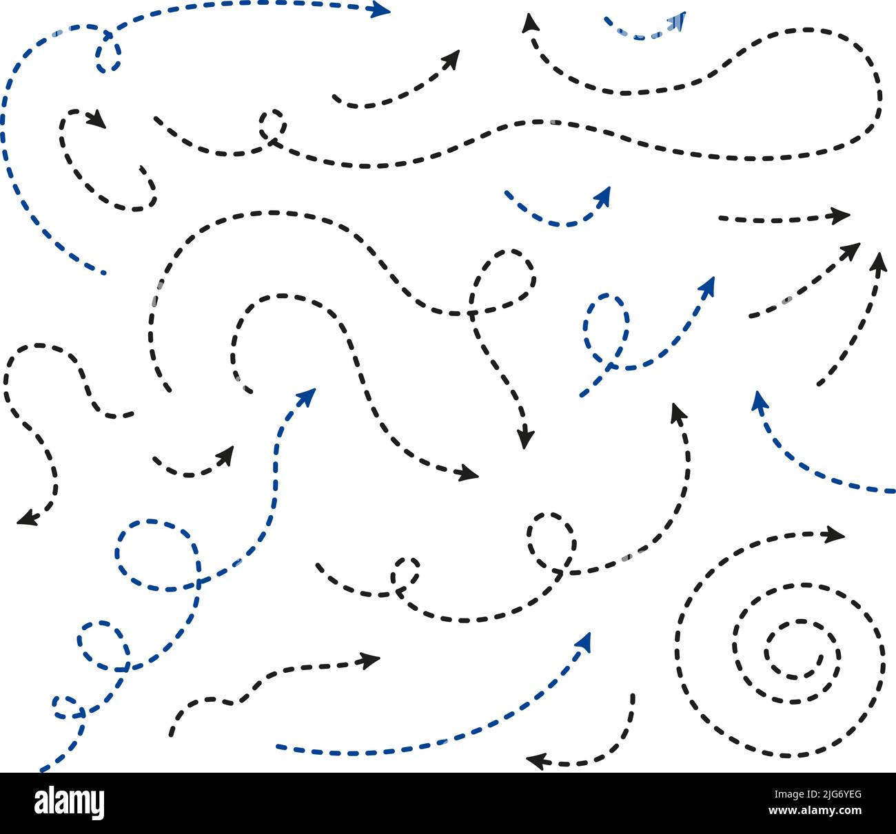 Frecce grandi e segni di direzione. Linea sottile tratteggiata con freccia. Linee tratteggiate con frecce, Illustrazione Vettoriale