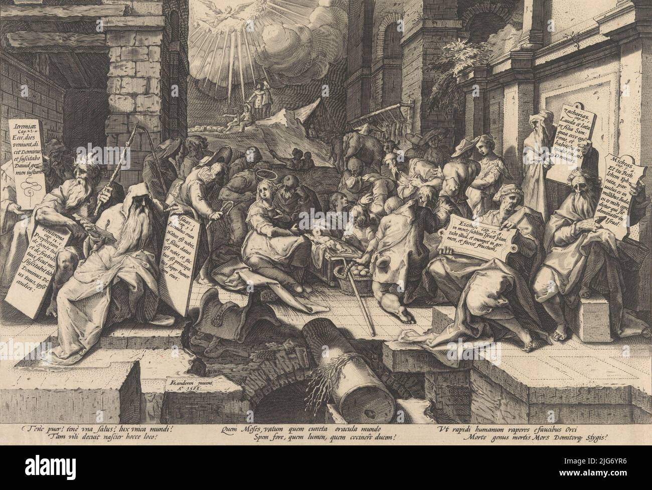 L'adorazione dei Pastori, circondati da Mosè e da cinque Profeti, 1588. Foto Stock