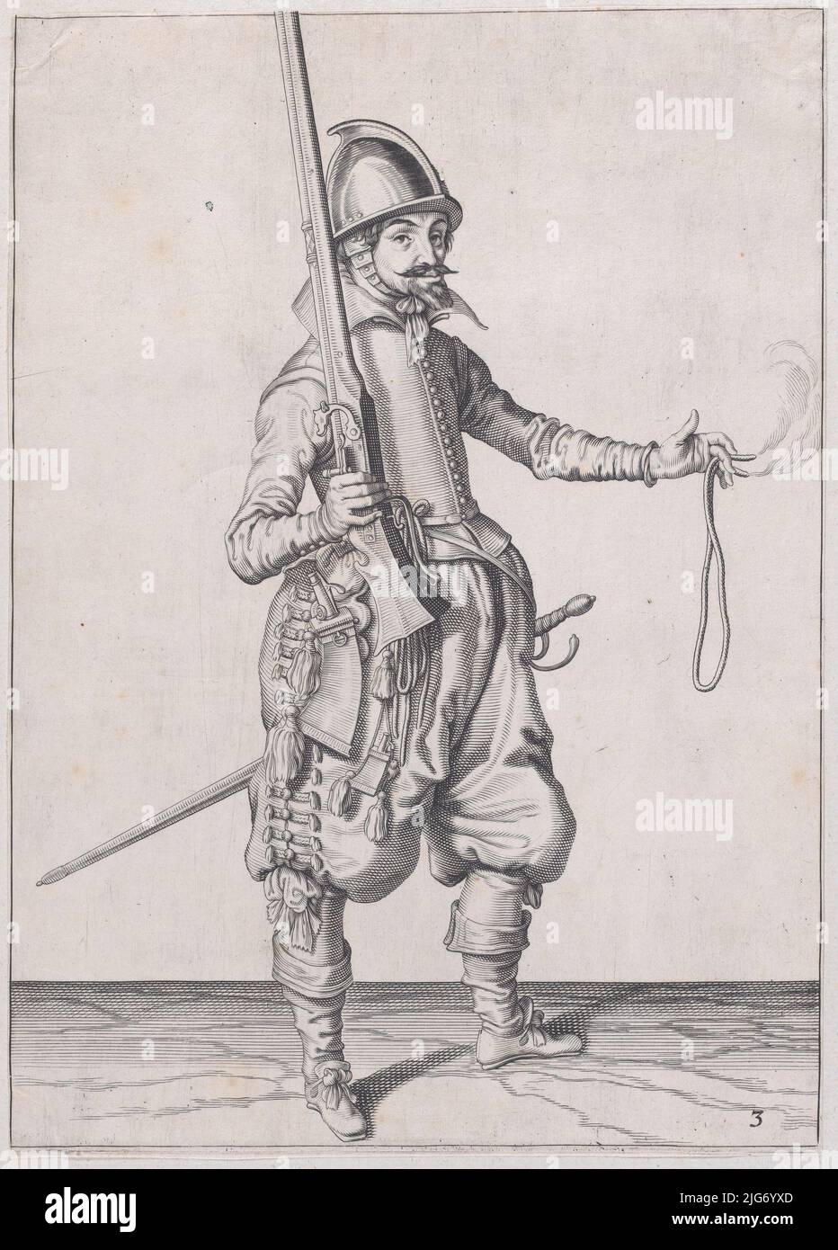 Un soldato che tiene il suo calibro nella mano destra ed estende la sua sinistra per riceverlo, dalla serie dei marksmen, Plate 3, in Waffenhandlung von den R&#XF6;ren Musquetten undt Spiessen / Wapenhandelinghe van Roers Musquetten Ende Spiessen (The Exercise of Arms), pubblicato nel 1608. Foto Stock