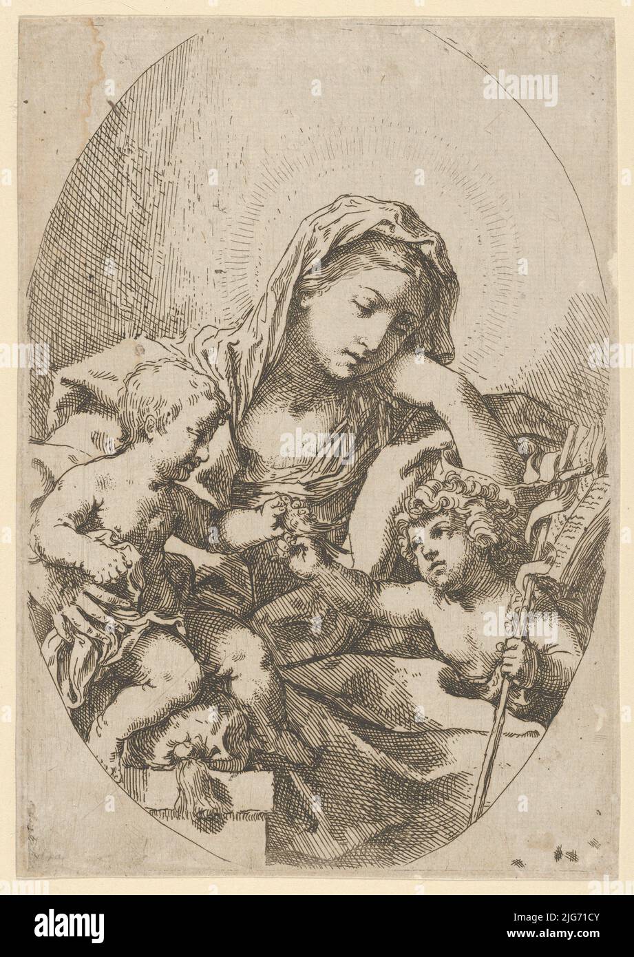 La Vergine con il Cristo Bambino e il giovane San Giovanni Battista tenendo un uccello a destra, una composizione ovale, dopo reni, ca. 1630-80. Foto Stock