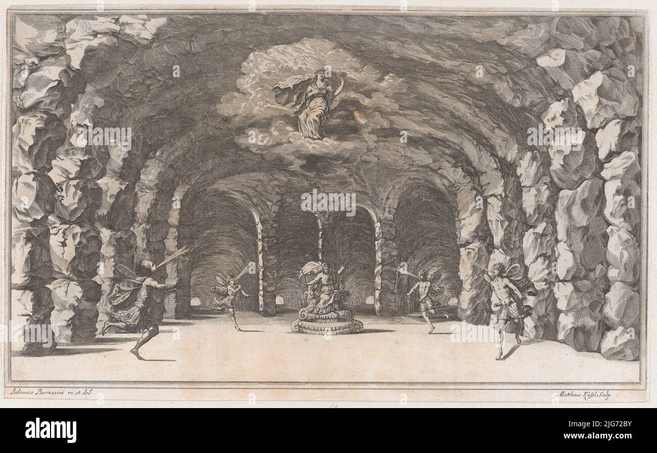 Caverna di Eolus; una grotta con divinità del vento che soffiano su entrambi i lati di Eolus che siede intronata al centro; set design da 'il Pomo D'Oro', 1668. Foto Stock