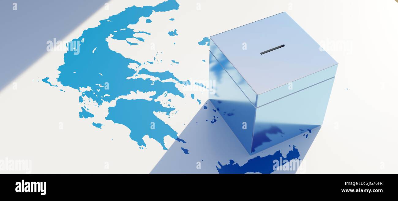 Elezioni greche. Casella di voto su sfondo mappa Grecia con colori blu e bianco. Casella di voto vuota sopra la vista. 3d rendering Foto Stock