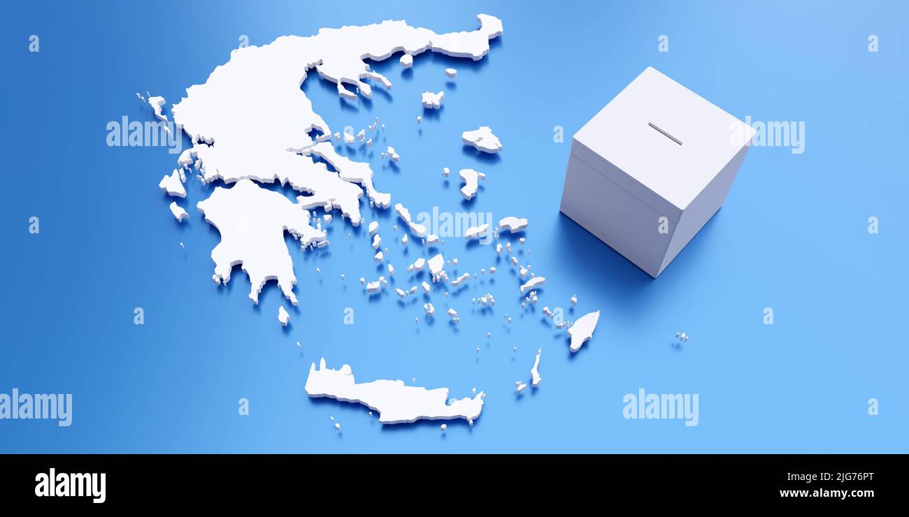 Elezioni greche. Casella di voto su sfondo mappa Grecia con colori blu e bianco. Casella di voto vuota sopra la vista. 3d rendering Foto Stock