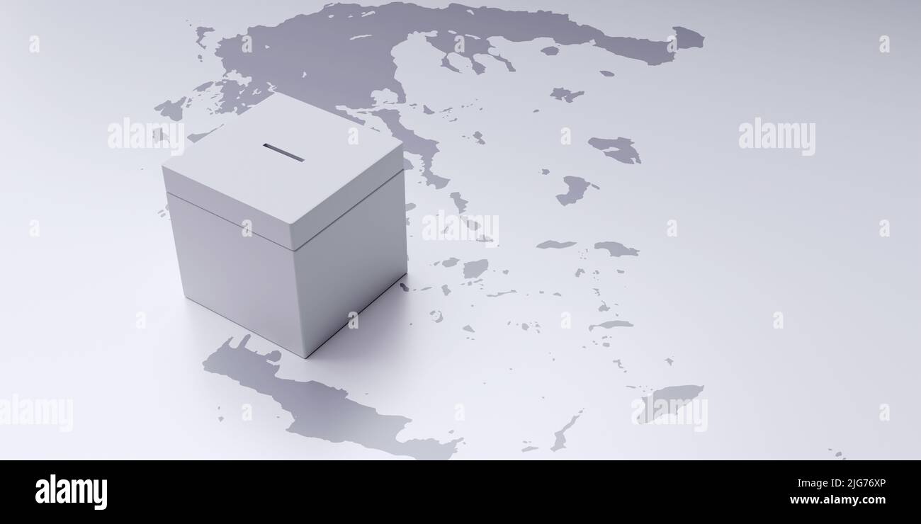 Elezioni in Grecia. Casella di votazione su sfondo mappa greco di colore grigio e bianco, spazio copia. Riquadro di voto bianco sopra la vista. 3d rendering Foto Stock