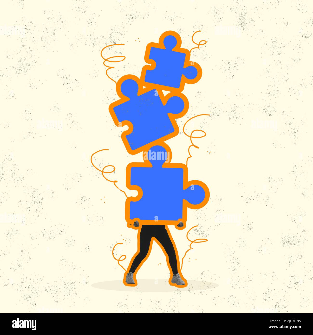 Puzzle di colore blu-arancione sulle gambe umane su sfondo chiaro. Concetto di conoscenza di sé, amore, speranza concetto. Arte contemporanea stile rivista Foto Stock