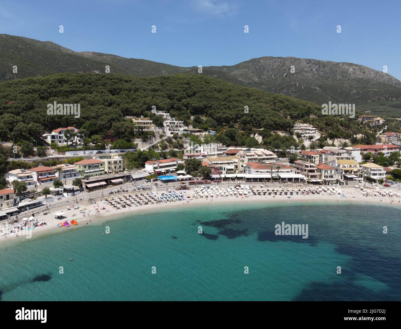 Vista aerea della città di Parga famosa destinazione turistica in Grecia, Vacanze estive Foto Stock