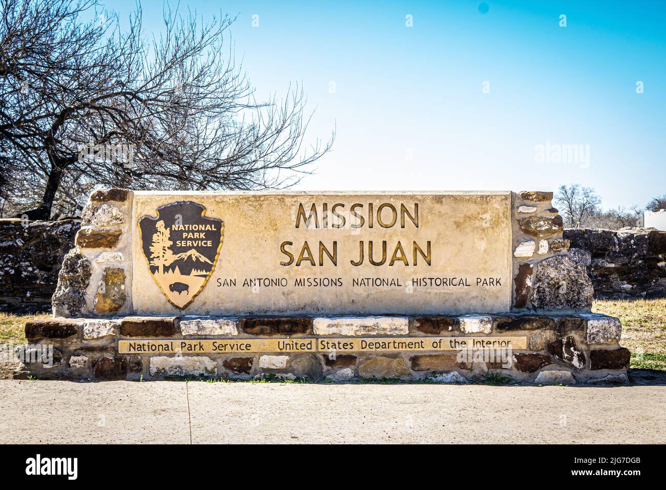 Cartello Mission San Juan National Park Service Stone Foto Stock