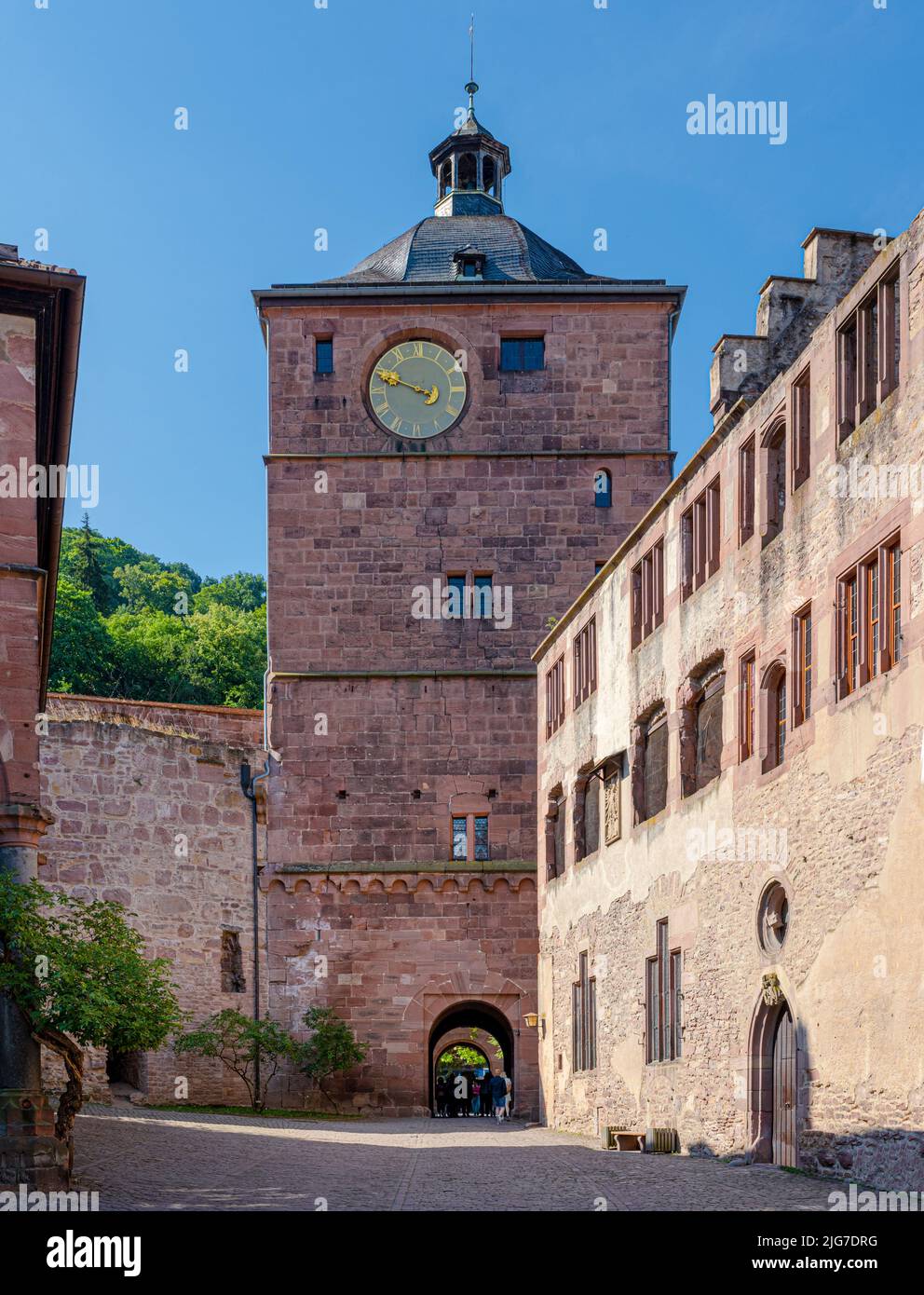 Vista della torre di guardia e l'edificio Ruprechts del Castello di Heidelberg. Baden Wuerttemberg, Germania, Europa Foto Stock