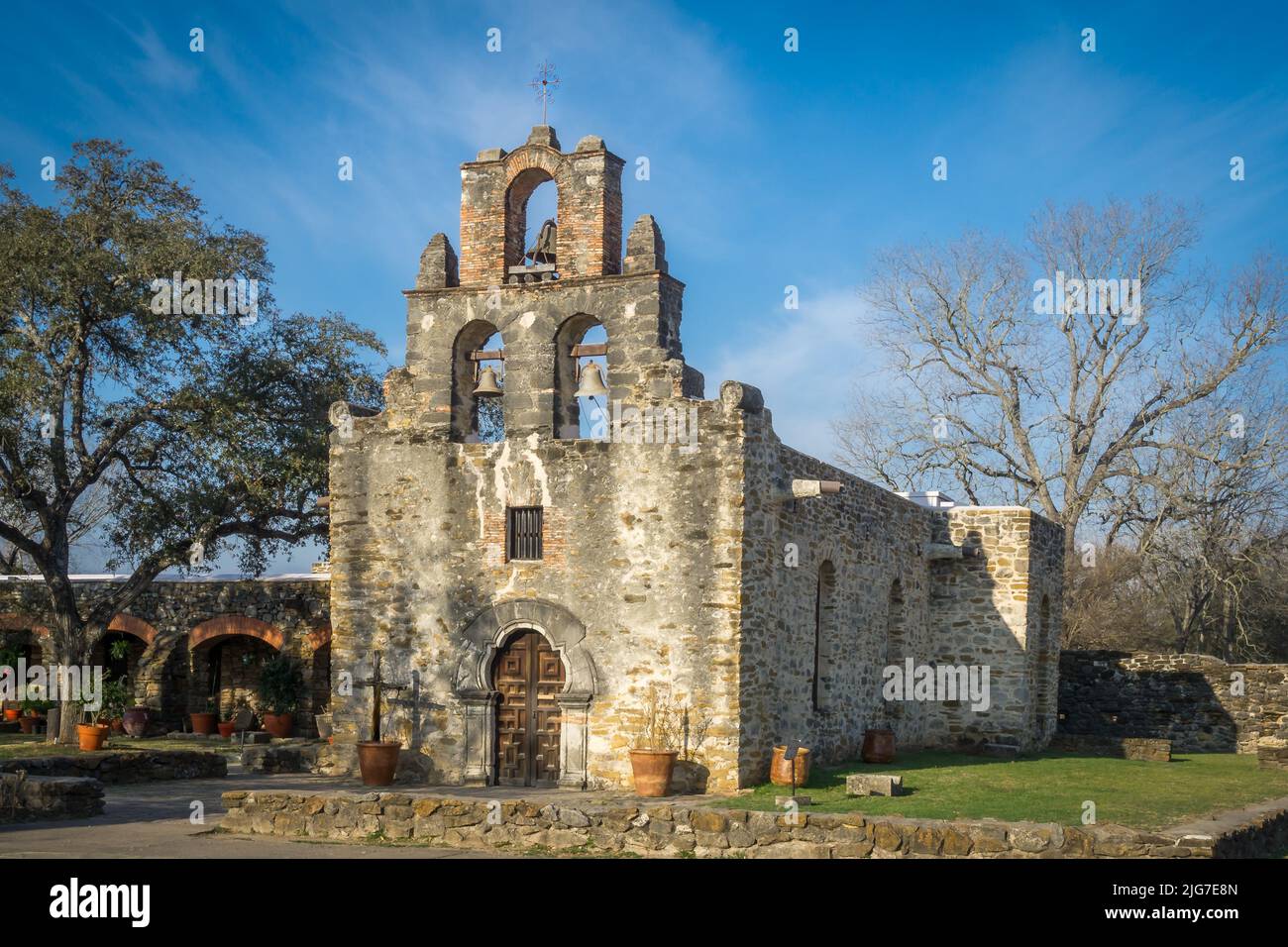 Missione Espada è stata la prima missione in Texas. Oggi fa parte del San Antonio Missions National Historical Park nel Texas meridionale. Foto Stock