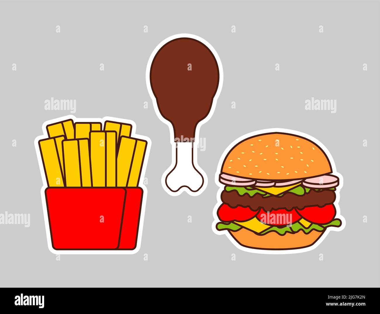 Icona del set fast food. hamburger, coscia di pollo fritto e patatine fritte Illustrazione Vettoriale