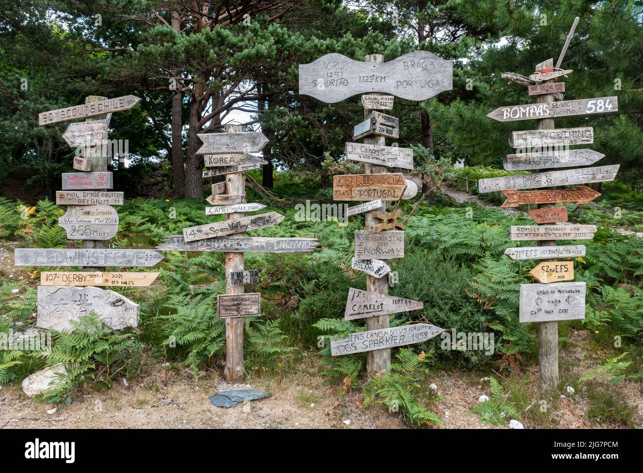 Campo di scout a Brownsea Island, Dorset, Inghilterra, Regno Unito. Segni di legno intagliati da truppe scout che si sono accampati sull'isola Foto Stock