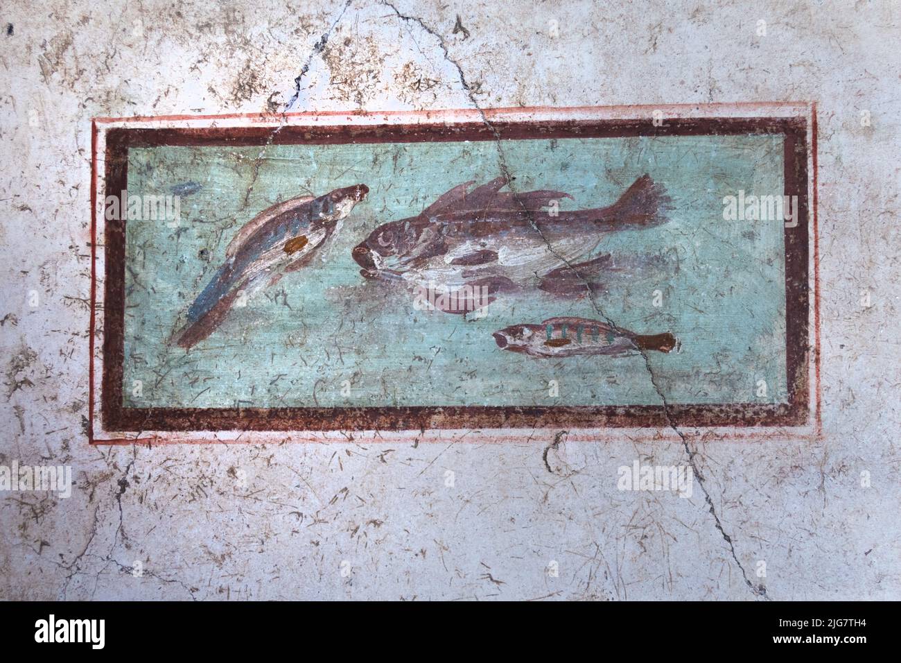 Antichi affreschi a Pompei, l'antica città romana distrutta nel 79 d.C. dall'eruzione del Vesuvio. Sito patrimonio dell'umanità dell'UNESCO. Napoli, Italia Foto Stock