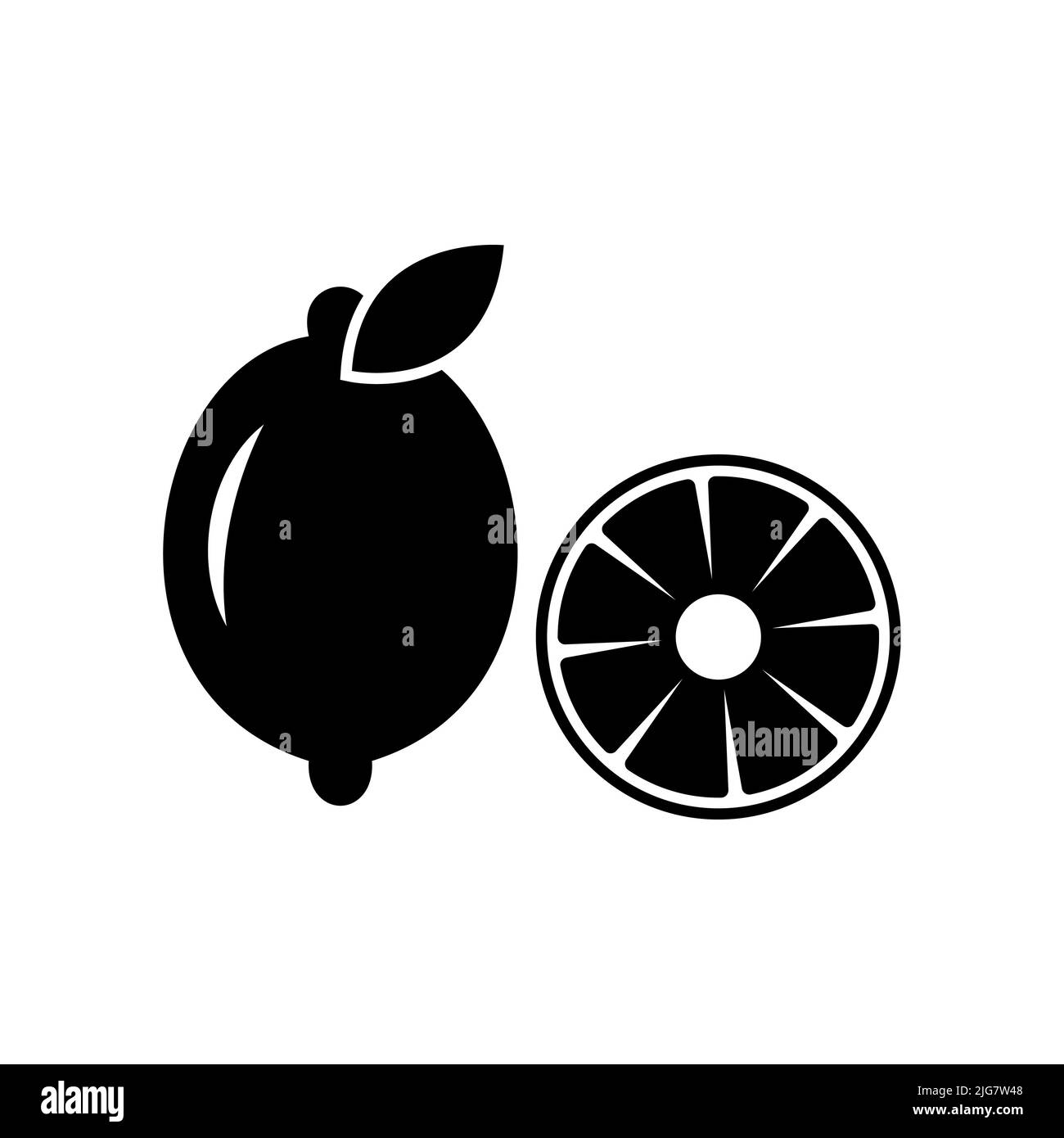 Icona del vettore di frutta al limone in nero. EPS 10. Agrumi. Illustrazione della vitamina acido. Isolato su bianco. Simbolo di aggiornamento. Per argomenti come freschezza, disintossicazione, b Foto Stock