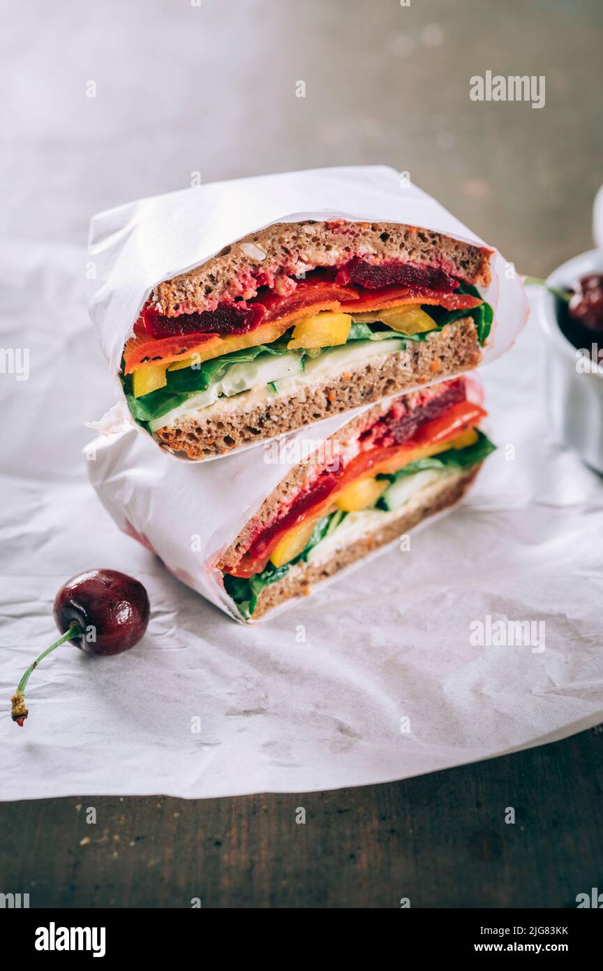 Sandwich con verdure colorate, barbabietola, pomodoro, carota, peperone, insalata, cetrioli e hummus sparsi Foto Stock