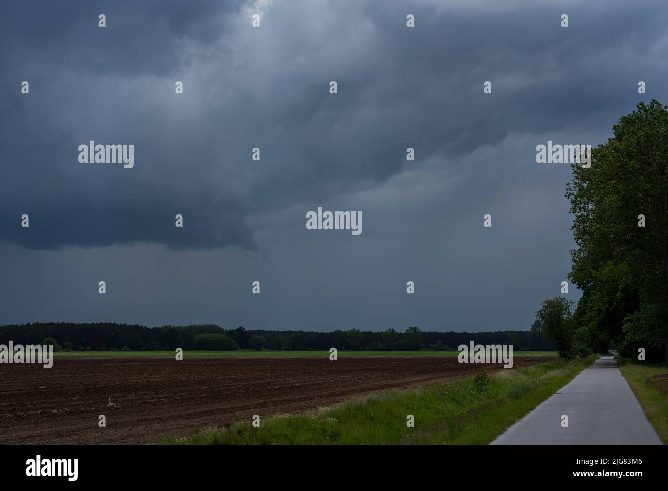 Grandi nuvole di pioggia su un percorso ciclabile poco prima di una brutta tempesta, lato sinistro terra agricola Foto Stock