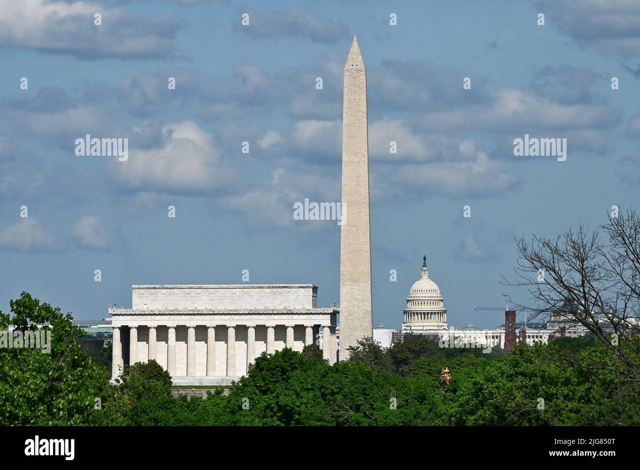 Lincoln Memorial, Washington Monument e il Campidoglio degli Stati Uniti sul National Mall; Washington D.C. Foto Stock