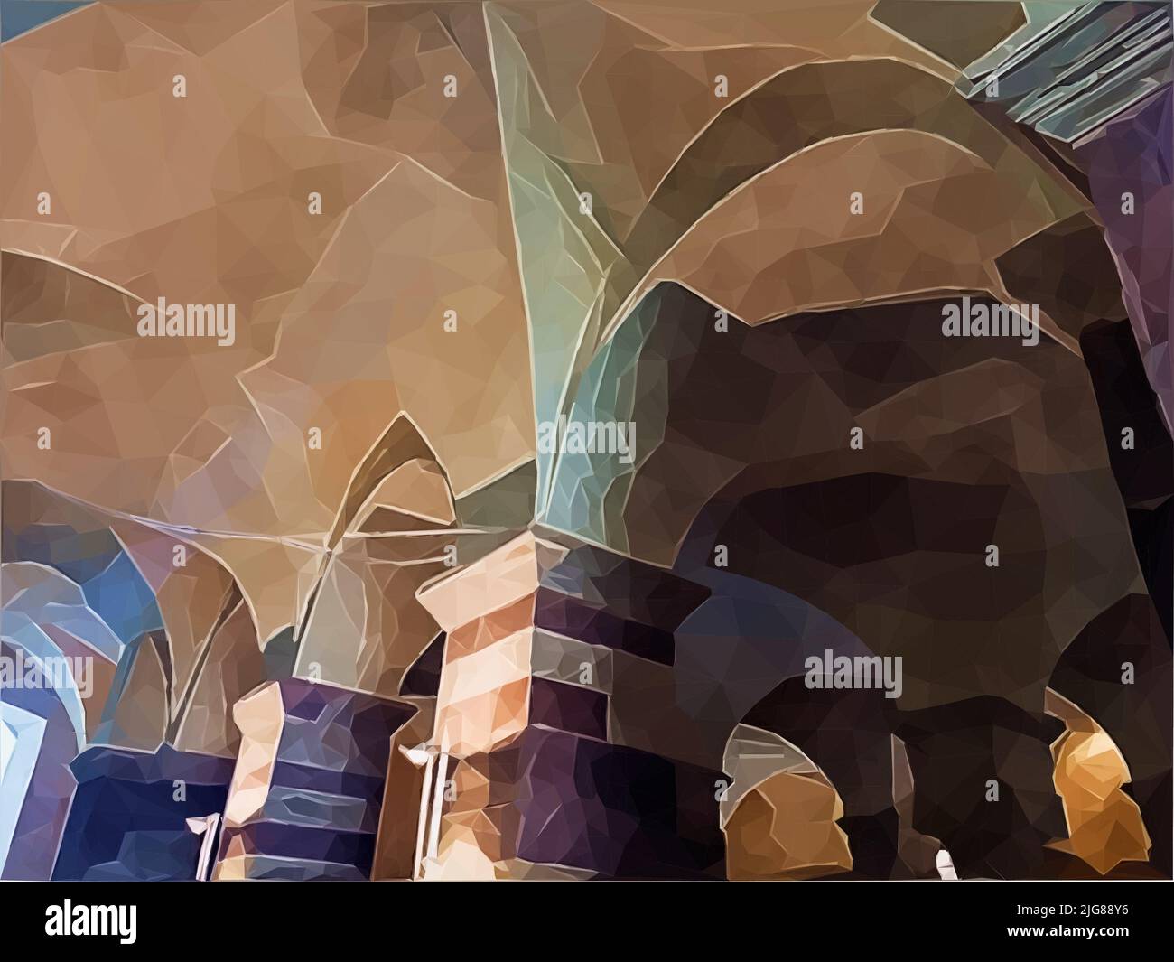 Un vettore di un interno colorato di un vecchio edificio con archi e colonne Illustrazione Vettoriale