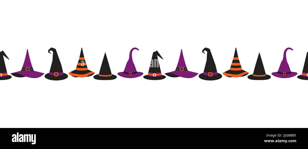 Halloween cappelli strega fantasia bordo senza cuciture vettore modello. Carino wizard caps cartoon elemento di design. Simbolo di Halloween isolato. 31 ottobre Illustrazione Vettoriale