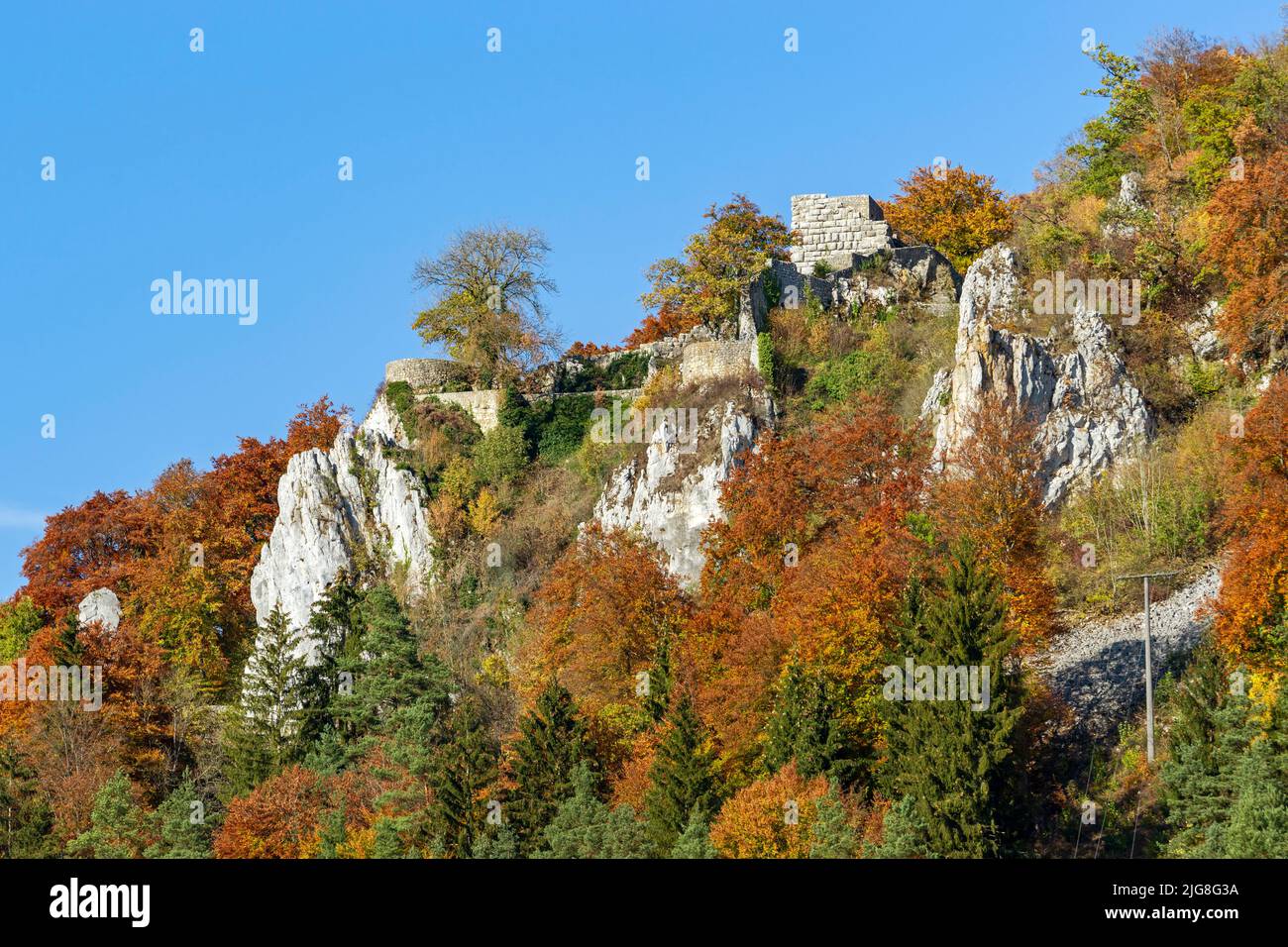 Le rovine del castello di Hohengundelfingen vicino al distretto di Münsingen di Gundelfingen sorgono su una roccia sopra la valle di Lauter nell'Albanese Svevo. Foto Stock