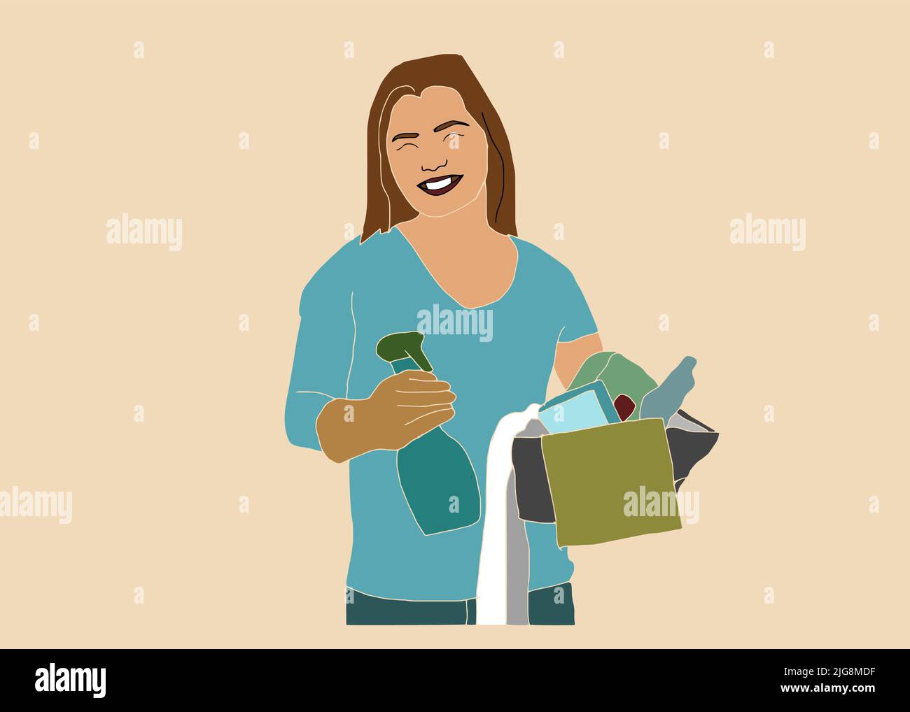 Impresa di pulizia personale in uniforme, set di due pose. La donna dei cartoni animati di detergente con il pollice fino gesto e con benna piena di detergenti. Vettore Illustrazione Vettoriale