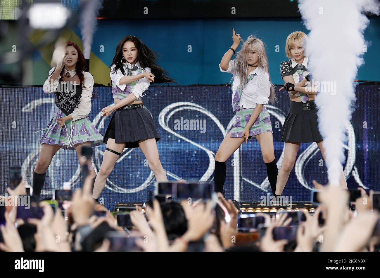 New York, Stati Uniti. 08th luglio 2022. Aespa, la band all girl della Corea del Sud, suonò sul "Good Morning America" di ABC al Summerstage al Rumsey Playfield nel Central Park di New York il 8 luglio 2022. Foto di Peter Foley/UPI Credit: UPI/Alamy Live News Foto Stock