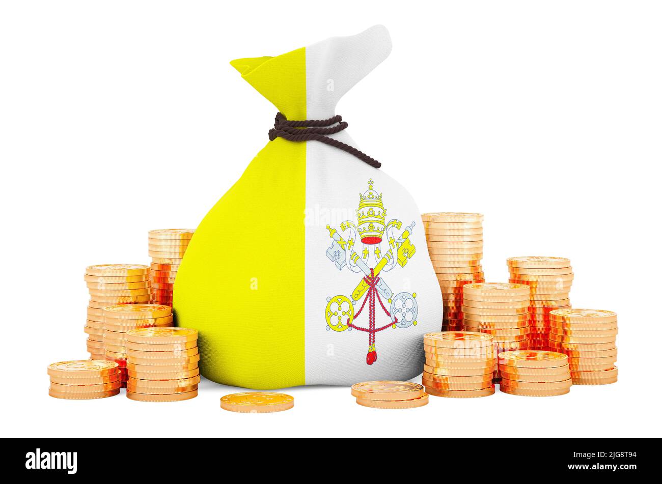 Borsa di denaro con bandiera del Vaticano e monete d'oro intorno, 3D resa isolato su sfondo bianco Foto Stock