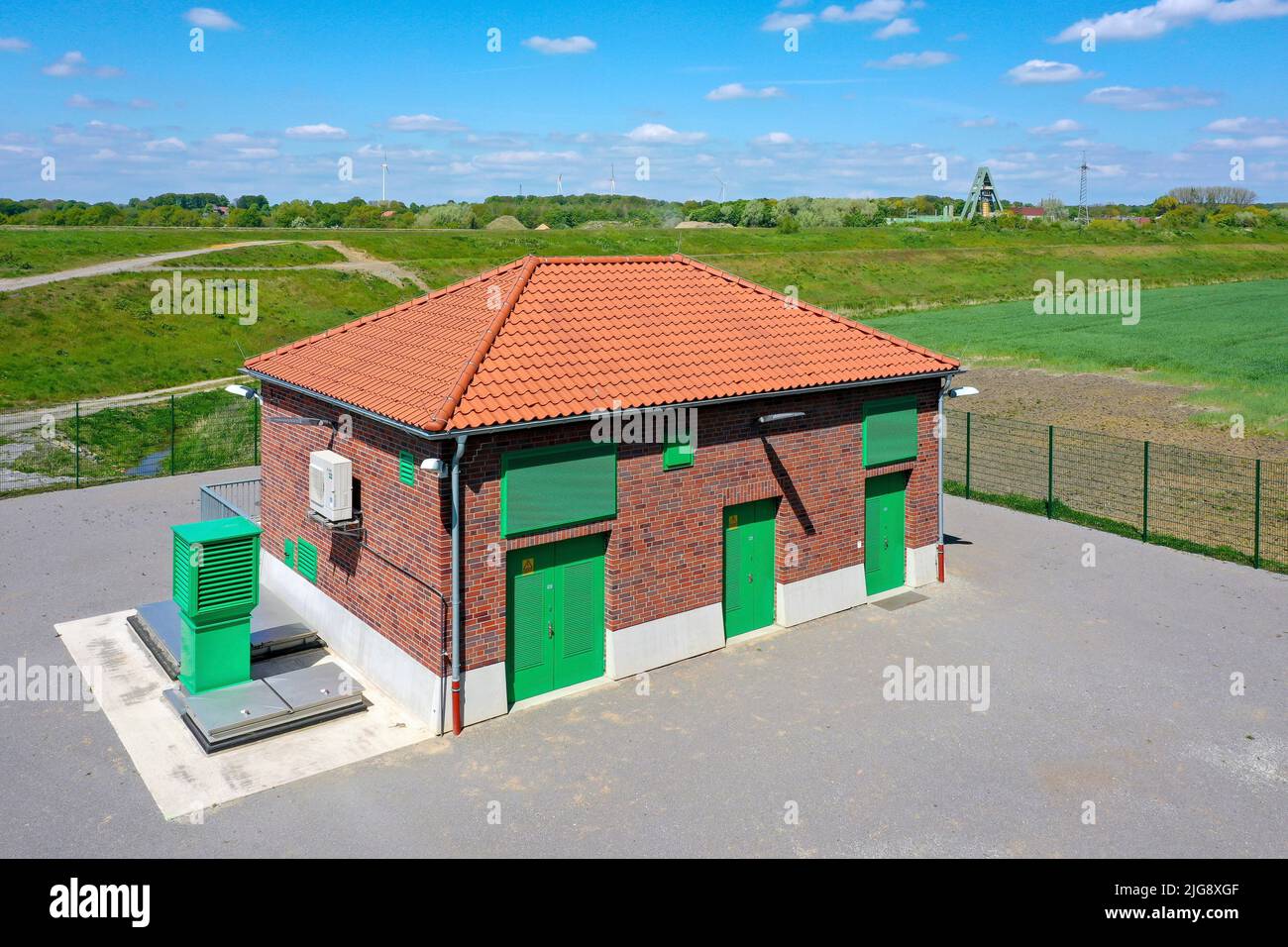 Stazione di pompaggio sulla Lippe, protezione dalle inondazioni, Marl, Renania settentrionale-Vestfalia, Germania Foto Stock
