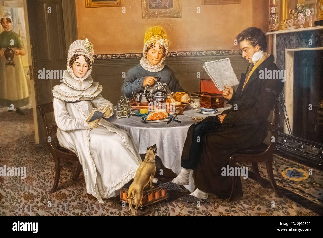 Inghilterra, Londra, Shoredith, Museum of the Home, Pittura di una famiglia in un interno dell'artista olandese Abraham Bruiningh Van Worrell del 1819 Foto Stock