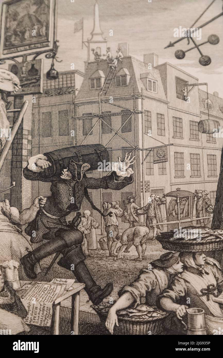 Incisione e incisione su carta intitolata 'Beer Street' di William Hogarth del 1751 Foto Stock