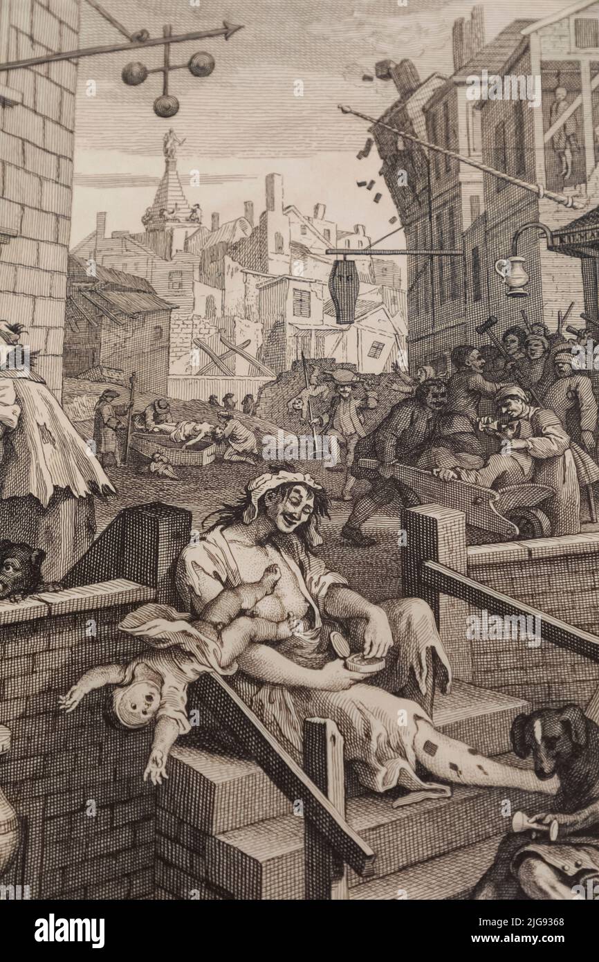 Incisione e incisione su carta intitolata 'Gin Lane' di William Hogarth datata 1751 Foto Stock