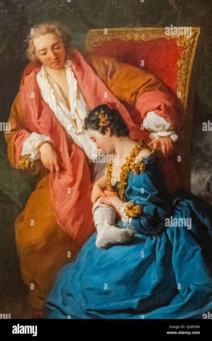 Dipinto intitolato 'il cortigiano amoroso' da una tale di Jean de la Fontaine dell'artista francese Pierre Subleyras del 1735 Foto Stock