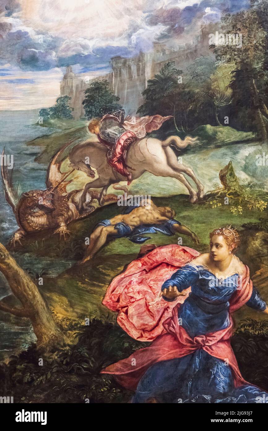 Dipinto dal titolo "Saint George and the Dragon" dell'artista italiano Jacopo Tintoretto del 1555 Foto Stock