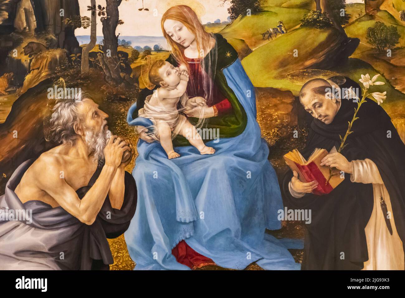 Dipinto dal titolo 'la Vergine col Bambino con i Santi Jerome e Dominica' dell'artista italiano Filippino Lippi del 1485 Foto Stock