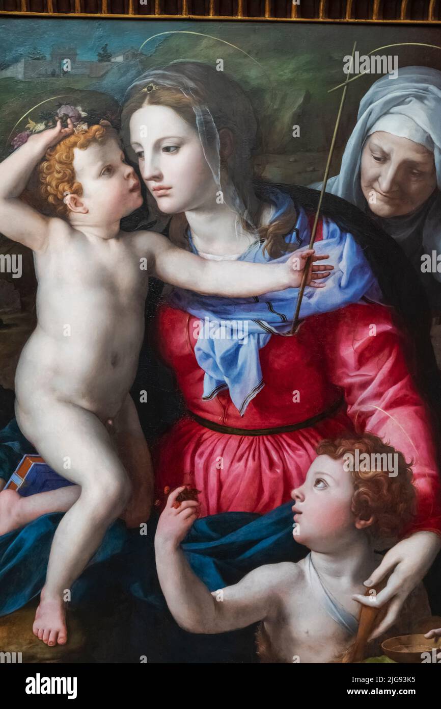 Dipinto dal titolo 'la Madonna col Bambino con San Giovanni Battista e Santa Elisabetta' dell'artista italiano Bronzino del 1540 Foto Stock