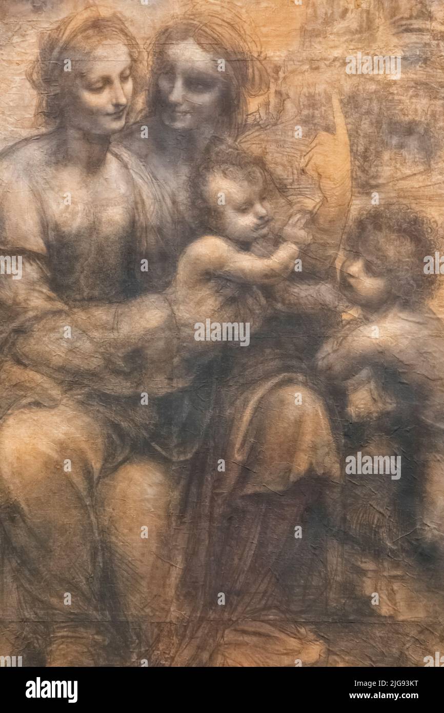 Disegno della Vergine col Bambino con Sant'Anna e San Giovanni Battista' (la Casa di Burlington Cartoon) dell'artista italiano Leonardo da Vinci datato circa 1499-1500 Foto Stock