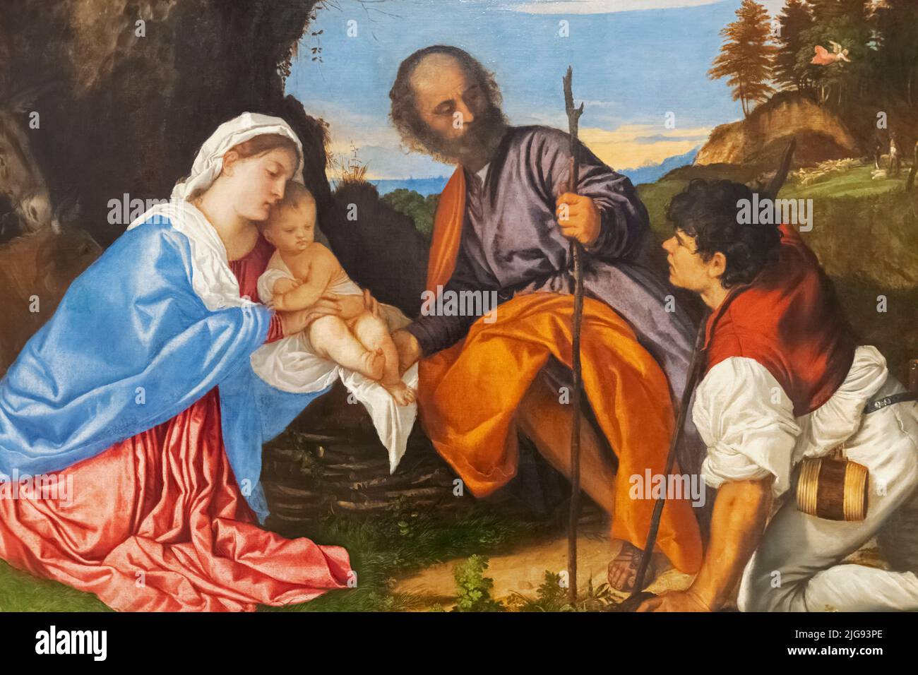 Dipinto dal titolo "la Sacra Famiglia con un Pastore" dell'artista italiano Tiziano del 1510 Foto Stock