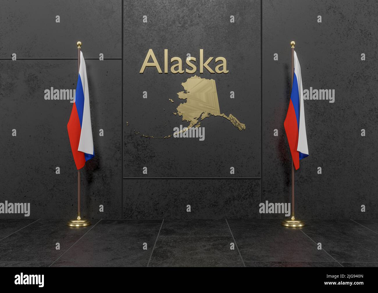 Guerra per Alaska, Russia e Stati Uniti d'America, bandiera della Russia e mappa Alaska , la lotta per Alaska, Russia Stati Uniti d'America, concetto di crisi di guerra mondiale, lavoro 3D e immagine 3D Foto Stock