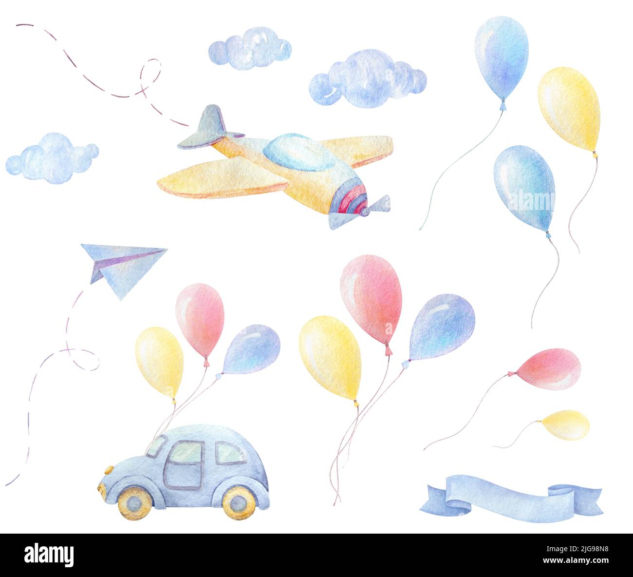 Bambino doccia bambino ragazzo acquerello clipart. Baby car con palloncini. Aeroplano, palloncini, nuvole. Set per baby card. Sfondo bianco Foto Stock