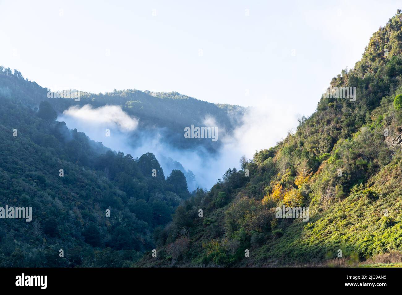 Il sole colpisce la collina attraverso le nuvole e tra le vette dell'Alpe Meridionale a Arthurs Pass, South Island New Zealand. Foto Stock