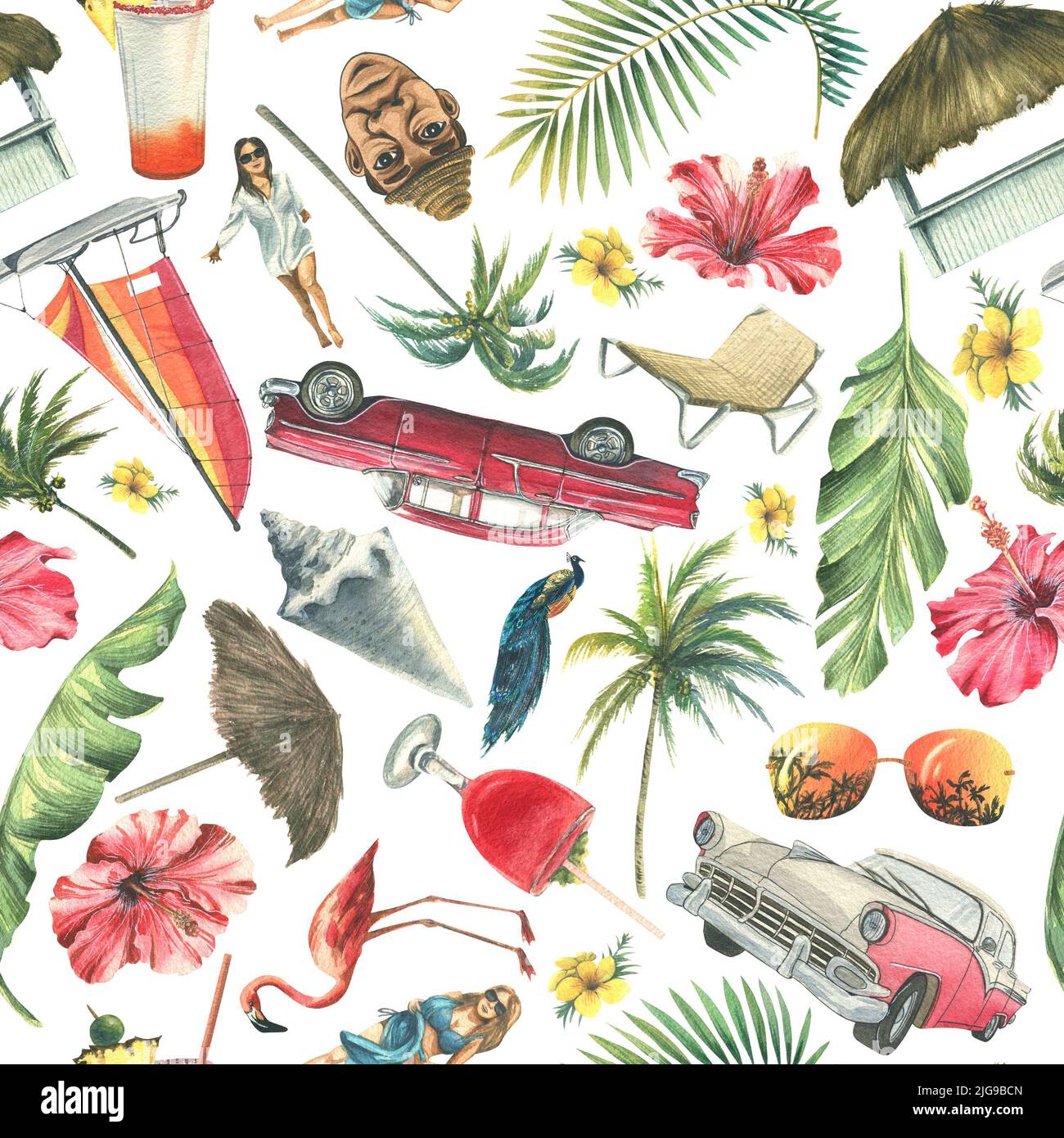 Stampa tropicale con motivi senza giunture sul tema delle vacanze dei Caraibi. Illustrazione acquerello su sfondo bianco da un grande set CUBANO. Per Foto Stock