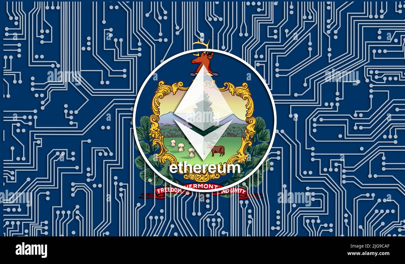 Flag of Vermont, USA and etereum Coin, Integrated Circuit Board pattern. Crescita delle scorte di Ethereum. Immagine concettuale per gli investitori in criptovaluta e. Foto Stock