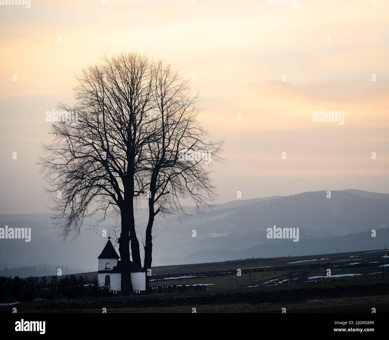 Piccola cappella sotto l'albero caching l'ultima luce durante il tramonto, Slovacchia, Europa Foto Stock