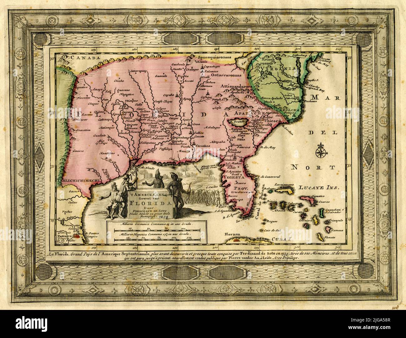 Mappa delle conquiste americane di Ferdinand DeSoto, tratte dalle sue memorie, 1638, da Pieter van der AA. Lingue olandese e francese Foto Stock
