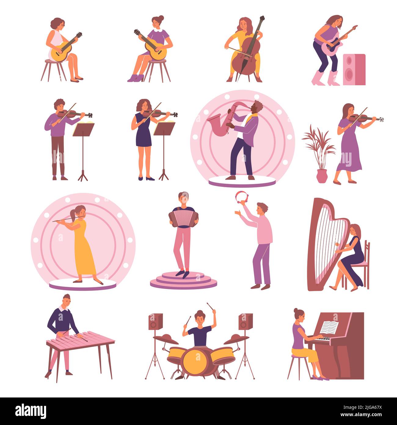 Imparare musica set con icone isolate e immagini piatte di strumenti con riproduzione di persone e podi illustrazione vettoriale Illustrazione Vettoriale