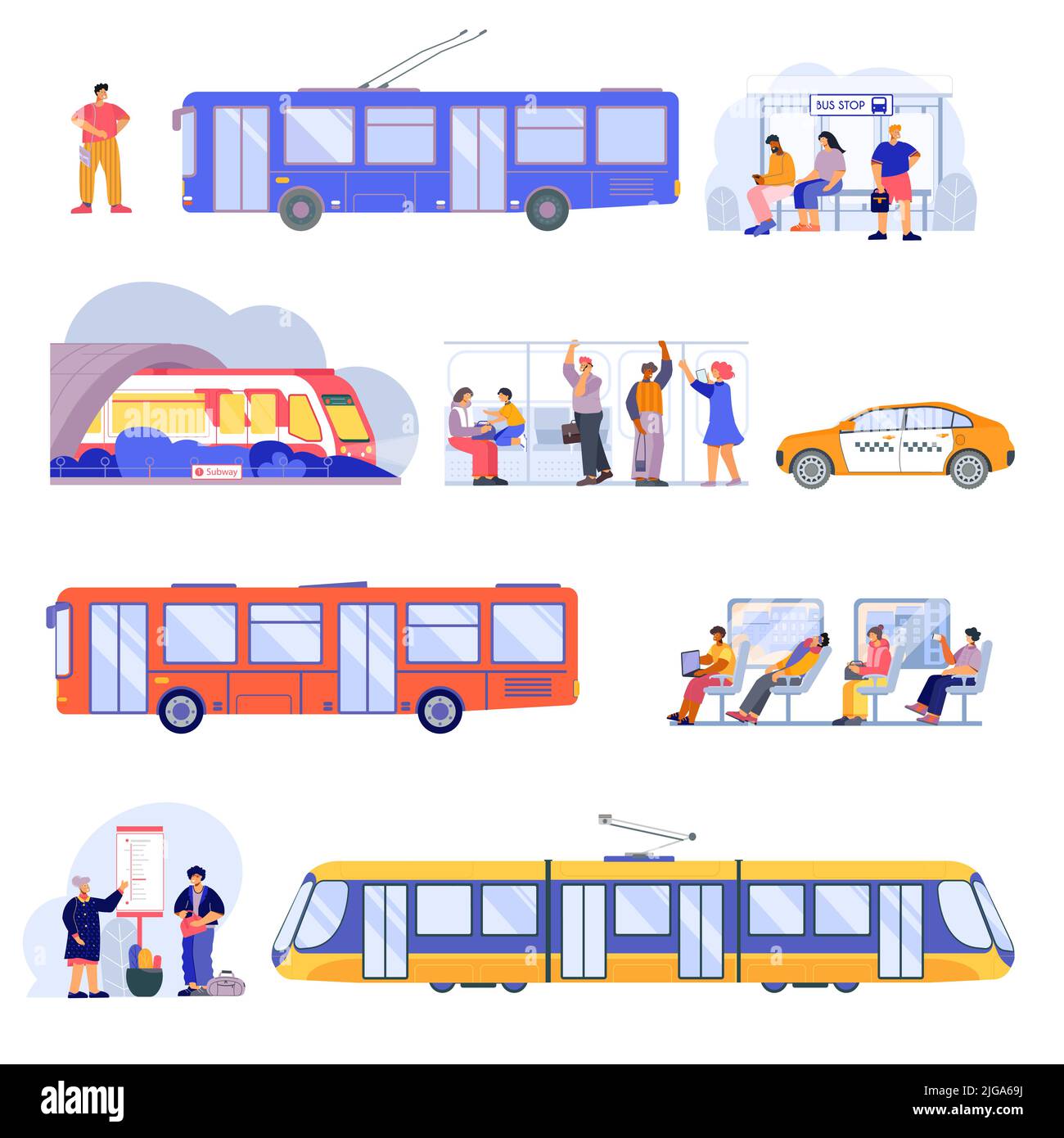 Trasporti pubblici autobus filobus metropolitana treni interni passeggeri in attesa tram taxi icone piatte set illustrazione vettoriale Illustrazione Vettoriale